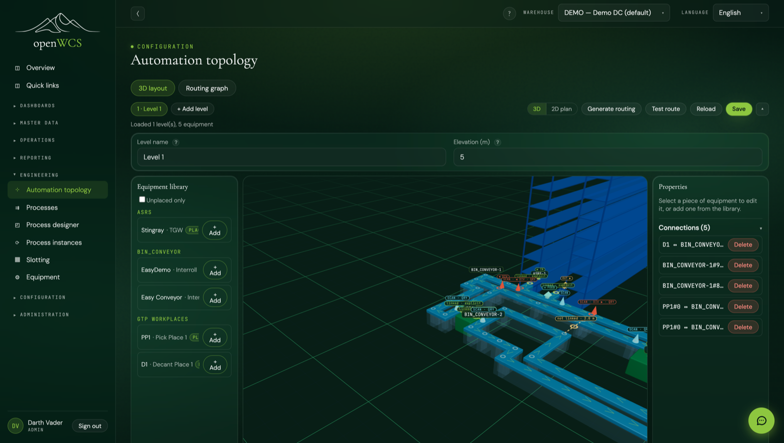 The 3D automation topology editor with equipment placed on warehouse levels.