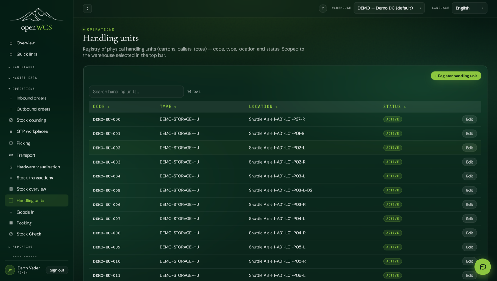 The handling-units registry listing each handling unit as a first-class instance.