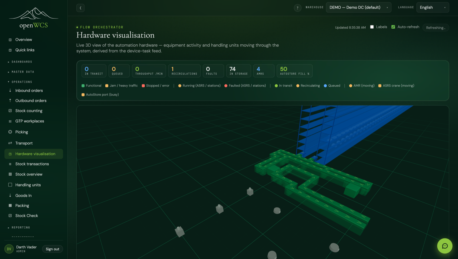 The live 3D digital twin of warehouse hardware.