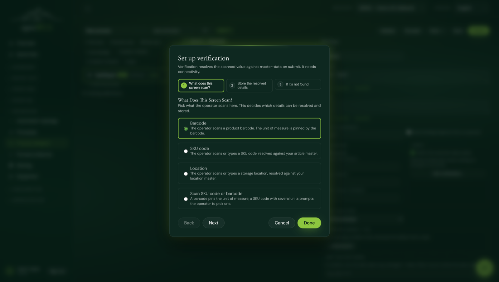 The step-by-step scan-verification dialog confirming a scanned code against master data.